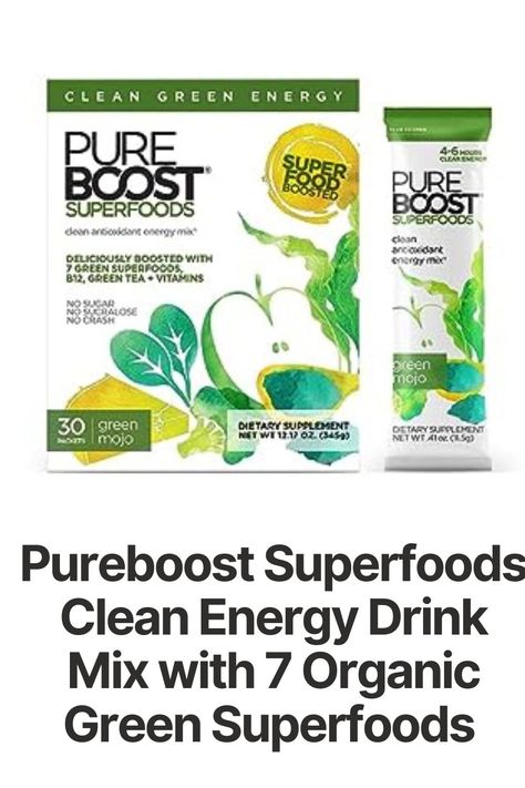 Pureboost Superfoods Clean Energy Drink Mix with 7 Organic Green Superfoods Powder and Vitamins, Green Mojo, Sugar Free, Electrolytes, Non-GMO, Gluten Free, 30 Powder Packets Superfoods Powder, Energy Drink Mix, No Sugar, Energy Drink, Clean Energy, Green Cleaning, Green Apple, Mixed Drinks, Superfoods