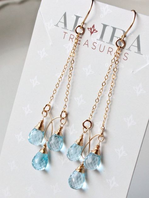 Blue Topaz Chandelier Earrings 14kt Gold filled wire wrapped | Etsy Chain Chandelier, Light Blue Gemstone, Handmade Chandelier, Diy Jewelry Earrings, Wire Wrapped Jewelry Diy, Wire Jewelry Designs, Wire Work Jewelry, Boho Luxe, Earrings Inspiration