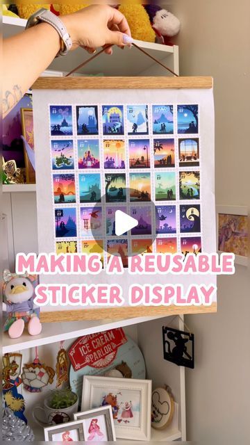 Wish Upon Magic - Ada on Instagram: "How to make a reusable sticker display to show off your sticker collection! 🤩 Pin collectors show off their collection on a pin board, why can’t we have a display board for stickers too?! 👇🏼👇🏼👇🏼  Materials: I used parchment paper because it’s coated with non-stick silicone (most “non-stick” baking sheets should work too) and a snap on magnetic poster board.   How it works: Silicone is the same coating on the backing paper that stickers come on, so silicone parchment paper allows you to you easily peel and reuse the stickers on another surface later! Now I’ve got another excuse to make and collect more stickers 🤣  How to put it together: First, take one sheet of silicone parchment paper ✌🏼 Plan and arrange all your stickers- this is the fun part Displaying Stickers For Sale, Sticker Uses Ideas, Ways To Display Stickers, Sticker Collage Display, Travel Stickers Display Ideas, Sticker Display Ideas Wall Art, Sticker Board Ideas, How To Display Stickers, Sticker Display Ideas Retail