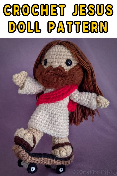 Crochet Jesus Doll Pattern - You can crochet a Jesus doll pattern as a gift idea for Easter! The perfect project to start small if you're a beginner, this easy crochet pattern will have you crocheting like a pro! And who can say no to this cute Jesus that's riding a skateboard anyway? Crochet Jesus Pattern Free, Crochet Shrek Pattern Free, Skateboard Crochet, Jesus Crochet Free Pattern, Christian Crochet Patterns, Stranger Things Crochet Pattern Free, Christian Crochet Patterns Free, Christian Crochet Ideas, Crochet Christian