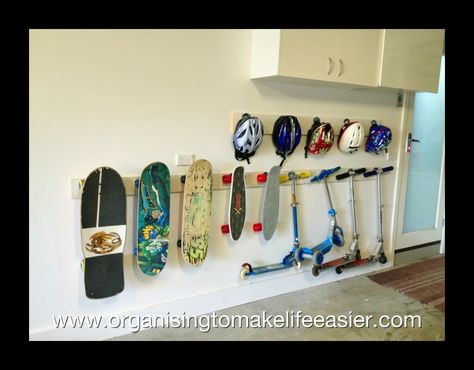 6 Amazing Sports Equipment Storage Ideas That Will Blow Your Mind Kids Bike Storage Garage, Sports Equipment Storage Ideas, Garage Organization Bikes, Equipment Storage Ideas, Kids Bike Storage, Casa Casuarina, Skateboard Storage, Sports Equipment Organization, Sports Equipment Storage