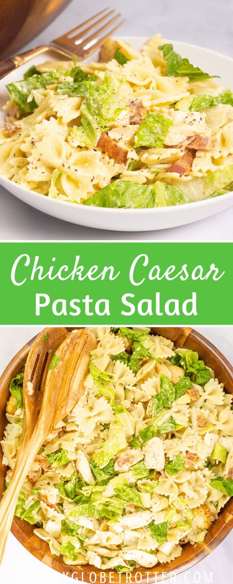 We love serving this chicken caesar pasta salad recipe for potlucks and summer barbecues! It's filled with romaine lettuce, croutons, bacon, leftover chicken, all in a creamy caesar dressing! #gayglobetrotter #caesarpastasalad #pastasalad #chickencaesar #chickencaesarpastasalad Lettuce And Pasta Salad Recipes, Romaine Lettuce Recipe Ideas, Meals With Romaine Lettuce, Romaine Pasta Salad, Leftover Lettuce Recipes, Salad Recipes Ceasar, Romain Lettuce Recipes, Salad With Pasta And Lettuce, Recipes With Romaine Lettuce