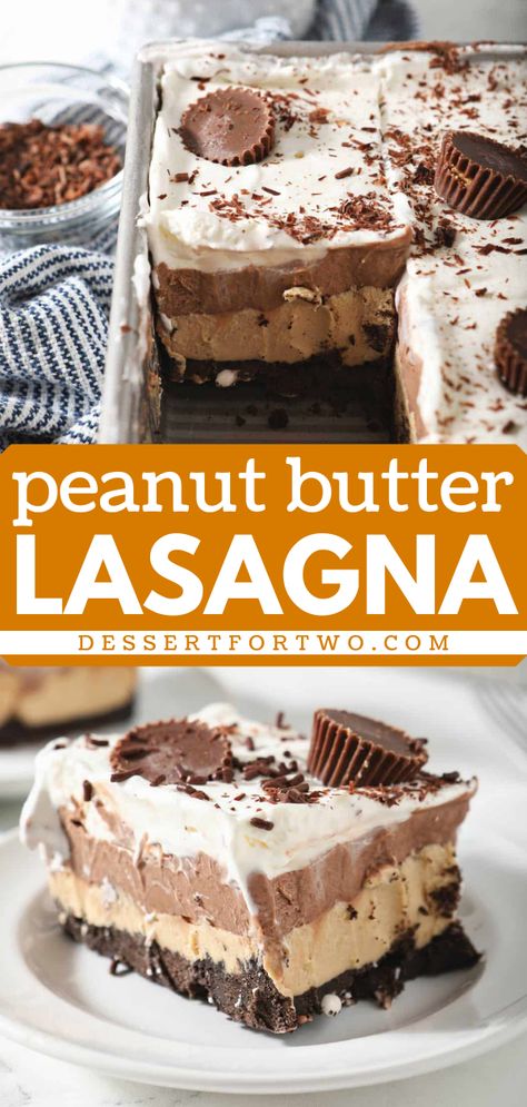 This summer dessert idea is easy and entirely no-bake! Complete with an Oreo cookie crust, a chocolate layer, and whipped cream topping, this peanut butter lasagna recipe is so delicious in every bite. Put this dessert lasagna on your 4th of July treats! Vanilla Lasagna Dessert, Pitch In Desserts, Easy Dessert Casserole Recipes, No Bake Dessert Lasagna Recipe, Easter Lasagna Dessert, Hot Day Desserts, No Bake Lasagna Dessert, Dessert For Pasta Night, Nutter Butter Lasagna Desserts