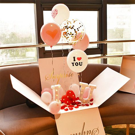 Birthday Surprise For Wife, Birthday Surprise For Husband, Anniversary Gift Ideas For Him, Surprise Birthday Decorations, Balloon Surprise, Balloon Box, Diy Anniversary, Anniversary Gift Ideas, Surprise Box Gift