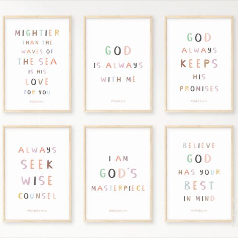 Kids Bible Verse poster print bundle is perfect for parents who are looking to make meaningful decoration to their children’s playroom, learning room, nursery room or bedroom. Bible Verse For Playroom, Christian Wall Art For Kids, Bible Projects For Kids, Bible Verse Decorations, Bible Verse For Children, Children Bible Verses, Baby Bible Quotes, Bible Verse For Kids, Kids Bible Verses