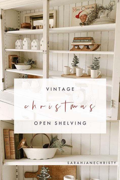 Vintage Inspired Christmas Open Shelving Vintage Christmas Shelf Decor, Christmas Shelving Decor, Open Shelves Christmas Decor, Simple Vintage Christmas Decor, Christmas Decor Bookshelves, Christmas Shelves Decor, Decorating Shelves For Christmas, Decorating Bookshelves For Christmas, Christmas Bookshelf Decor