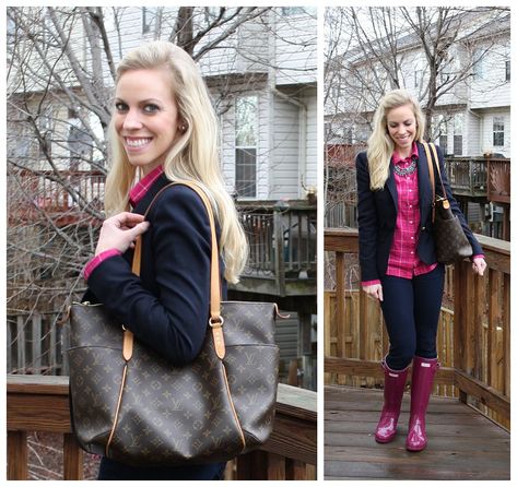 Flannel Friday: navy J. Crew blazer, pink plaid flannel, statement necklace, skinny jeans, violet Hunter glossy boots, Louis Vuitton "Totally MM" tote Louis Vuitton Totally Mm, Flannel Friday, Louis Vuitton Handbags Outlet, Blazer Pink, Over 60 Fashion, Lv Bags, 60 Fashion, Lv Handbags, Oversized Coat