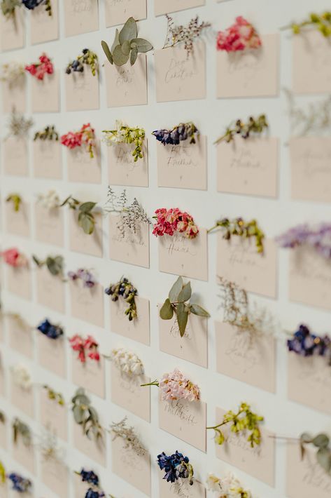 To help their guests find their way, Sarah and Lucas had a dried floral seating chart featuring pretty jewel-toned flowers on each card. Polen created delicate white and greenery arrangements to sit in front of the structure that also incorporated dried elements to continuity of texture. See the full real wedding on Wedding Chicks Wedding Sitting Chart, Flower Seating Chart, Greenery Arrangements, Destination Wedding Mexico, Garden Party Wedding, Wedding Timeline, Wedding Color Palette, Wedding Chicks, Dried Floral