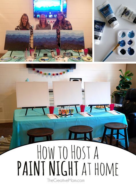 The Creative Mom - How to Host a Paint Night with Americana Premium Acrylics #decoartprojects Paint Night At Home, Craft Night Party, Wine And Paint Night, Girls Night Crafts, Moms' Night Out, Moms Night, Creative Mom, Girls Night Party, Family Fun Night