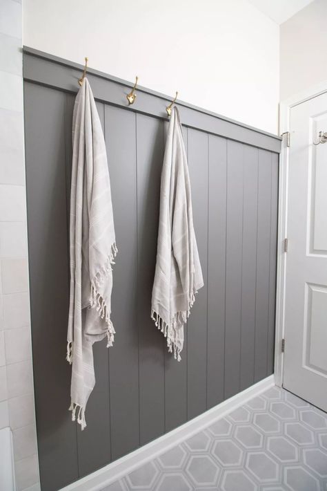 Gray And Gold Bathroom, Beadboard Bathroom, Shiplap Bathroom, Bathroom Accent Wall, Bathroom Accents, Hall Bathroom, Boys Bathroom, Gold Bathroom, Basement Bathroom