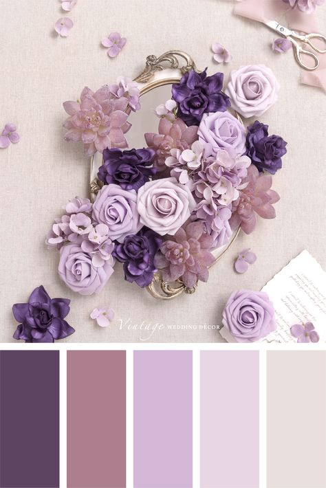 Colour Pallete For Bedrooms, Quinceanera Color Palette, Colour Palette For Dress, Purple And Dusty Rose Wedding, Dusty Purple Palette, Wedding Swatches Colour Palettes, Purple Wedding Colors Pallets, Soft Romantic Color Palette, Dusty Lavender Color Palette