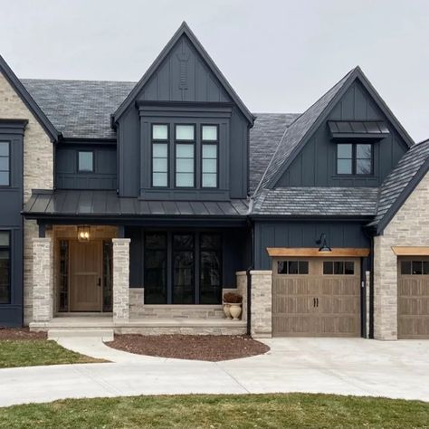 75 Stone and Metal Exterior Home Ideas You'll Love - October, 2024 | Houzz Exterior Home Colors With Stone, Navy And Black House Exterior, Stone And Hardie Board Exterior, Alexa Anglin Home, Grey Stone House Exterior, Modern Craftsman Exterior, Grey Stone House, Modern Farmhouse Exterior Colors, Studio Exterior