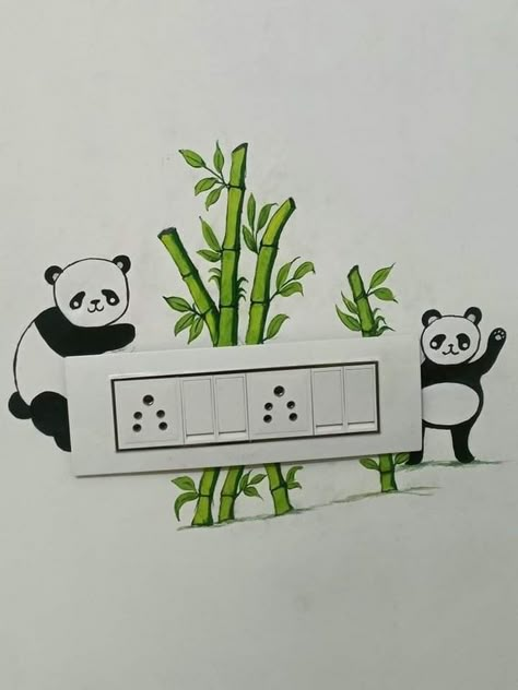 Panda On Switchboard, Wall Painting For Hostel Room, Hostel Room Painting Ideas, Panda Painting On Wall, Panda Switch Board Art, Switchboard Paintings, Simple Hostel Room Decor Ideas, Switch Board Art Ideas Easy, Panda Wall Painting