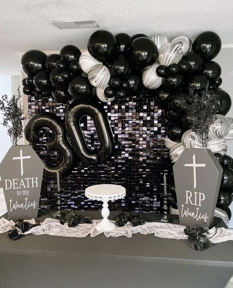 Rip To My 20s Party Decor Diy, Rip To My 20s Party Backdrop, Rip 30s Birthday Party Ideas, Black Out 30th Birthday, Rip 40s Birthday Party, Rip 20s Decorations, Rip Themed Party, Rip Bday Party, Rip My Teenage Years Party