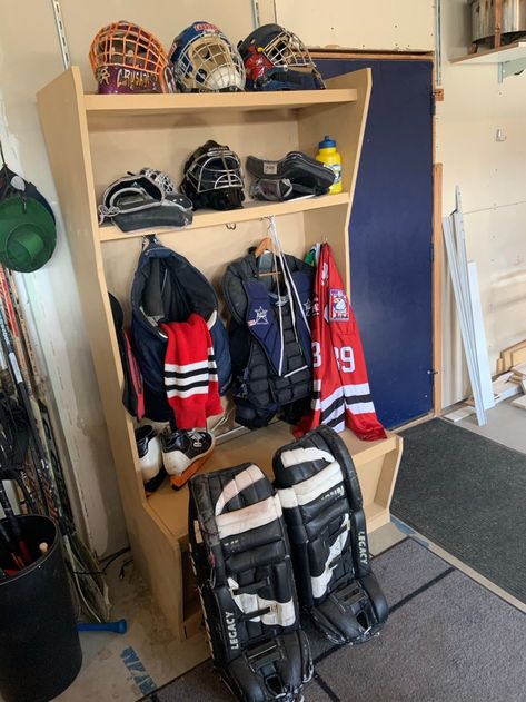 Locker Stall - Washed Up Goalie Diy Hockey Locker Plans, Hockey Gear Storage, Hockey Storage, Hockey Locker, Hockey Organization, Hockey Room, Hockey Gear, Inside Of Me, Pocket Hole Jig