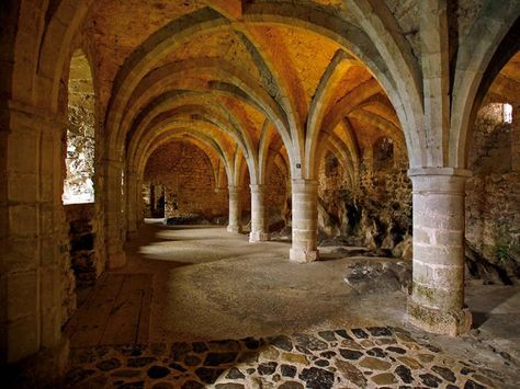 This is the interior of a underground Gothic prison.The basement of this Chillon Castle off the coast of Lake Geneva in Switzerland was the former location of a medieval  prison.  This space features ribbed vaults and huge rocks. Medieval Castle Layout, Chillon Castle, Ribbed Vault, Castle Window, Castle Rooms, Castle Home, Stone Floors, House Paint Interior, Medieval Fortress