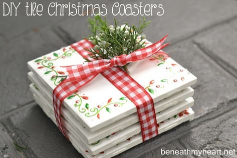 Christmas Crafts To Sell Bazaars, Ceramic Tile Crafts, Diy Coasters Tile, Christmas Crafts To Sell, Coaster Crafts, Tile Crafts, Diy Tile, Christmas Coasters, Diy Coasters