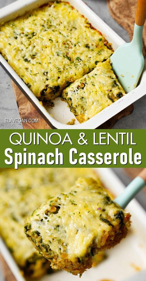 This spinach casserole with quinoa (or rice), lentils, and vegan cheese is creamy, cheesy, and comforting, yet super wholesome and loaded with vitamins, minerals, fiber, and plant-based protein - perfect for serving with just about any meal! Vegan Casserole Recipes, Lentil Casserole, Ella Vegan, Rice Lentils, Lentils And Quinoa, Spinach Casserole, Vegetarian Casserole, Vegetarian Main Dishes, Vegan Main Dishes