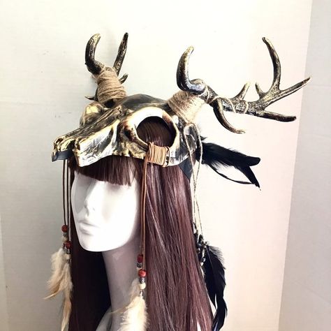 Deer Skull Masquerade Mask Gold/Black Viking Skull Headpiece | Etsy Faun Oc, Skull Masquerade Mask, Skull Headpiece, Black Viking, Deer Mask, Horns Costume, Costume Viking, Skull With Horns, Viking Skull