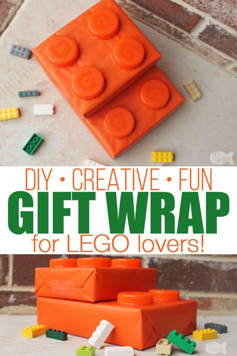 Surprise a LEGO lover with this creative gift wrapping idea and gift ideas for LEGO lovers | LEGO fan | LEGO brick | LEGO wrapping paper | LEGO gift wrap | unique gift wrap | birthday gift wrap | how to wrap gifts | wrapping presents | LEGO birthday | LEGO cards | LEGO gift bag | LEGO gift ideas | Personalized Minifigures | birthdays for boys #lego #wrappinggifts #birthdaysforkids Diy Lego Gifts For Adults, Lego Themed Gift Basket, Cool Wrapping Ideas Birthday, Lego Wrapping Paper, Themed Gift Wrapping Ideas, Unique Gift Bag Ideas, Legoland Gift Ideas, Lego Gift Wrapping Ideas, Wrapping Paper Ideas Creative