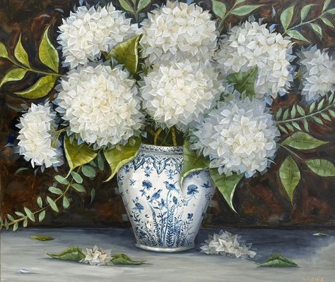 Cathy Lewis Paintings White Floral Painting, Hydrangeas Art, Hydrangea Painting, Wildflower Paintings, Hydrangea Print, White Jar, Floral Oil Paintings, Floral Oil, Mural Floral