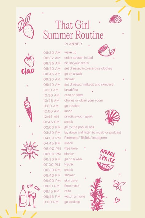 Discover the ultimate 'That Girl' summer routine! ☀️✨ From glowing skincare tips to chic outfit ideas and self-care rituals, this guide helps you embody effortless summer vibes. Perfect for setting a fresh, vibrant tone for your days. 🌿👗💧 #ThatGirlSummer #SummerRoutine #SkincareTips #ChicOutfits #SelfCare #SummerVibes #LifestyleTips #BeautyRoutine #PinterestFinds It Girl Summer Routine, Summer Self Care Aesthetic, Healthy Summer Routine, How To Glow Up For Summer, Glow Up For Summer, Weekend Routine, Skincare Summer, Summer Routine, Summer Skincare Routine