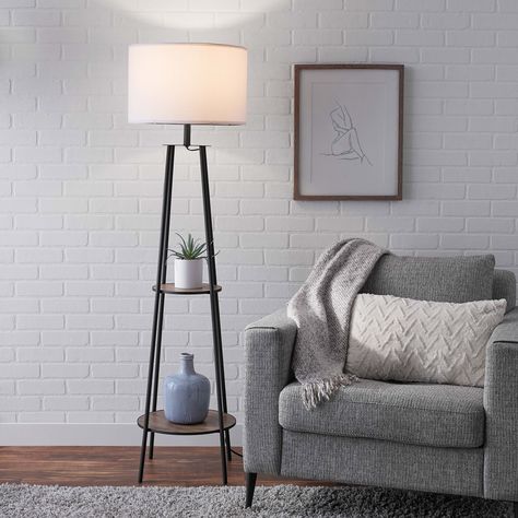 Not available Buy Mainstays Etagere Matte Black Floor Lamp, with 2 Wood Shelves, Black Color at Walmart.com Floor Lamp With Shelves, Floor Lamps Living Room, White Lamp Shade, Floor Standing Lamps, Black Floor, Black Floor Lamp, Room Lamp, Tripod Floor Lamps, Standing Lamp