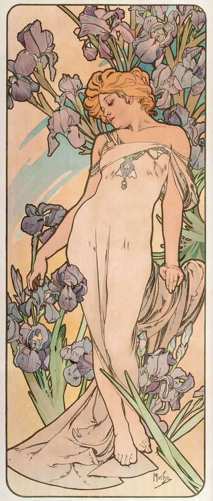 Alphonse Mucha "Les Fleurs-The Iris" 1898 Fleurs Art Nouveau, Alfons Maria Mucha, Art Nouveau Mucha, Motifs Art Nouveau, Illustration Art Nouveau, Alphonse Mucha Art, زجاج ملون, Mucha Art, Alfons Mucha