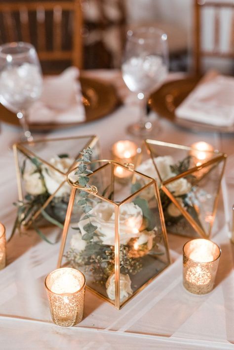 Gold Geometric Terrarium Wedding Centerpiece with garden floral and mercury glass votive holders // classic, boho, rustic Mountain Vineyard Wedding, Gold Terrarium, Candles And Flowers, Terrarium Wedding, Rustic Wedding Decorations, Unique Wedding Flowers, Geometric Terrarium, Decor Ikea, Copper Wedding