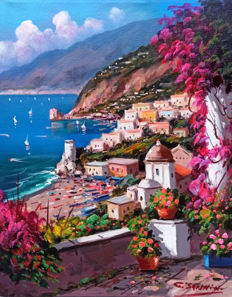 Positano Painting, Italy Paintings, Mediterranean Paintings, Tuscany Landscape, Italian Paintings, Italy Landscape, Italy Painting, Scenery Paintings, Impressionist Landscape