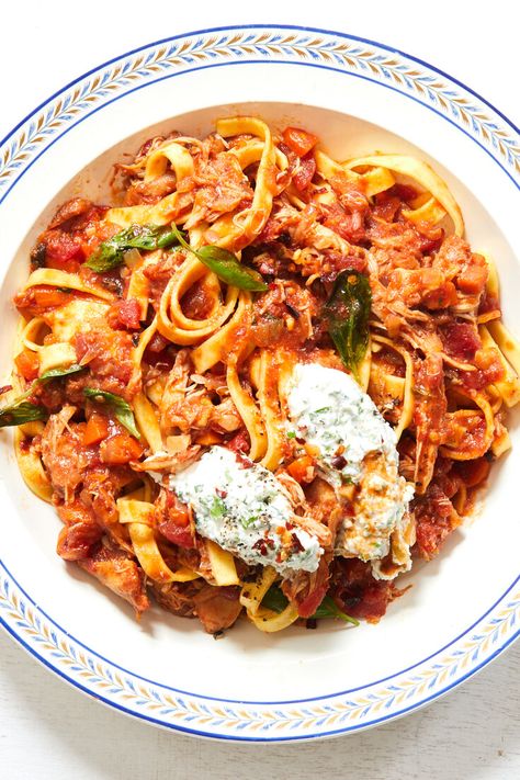 Slow Cooker Chicken Ragù With Herbed Ricotta Recipe - NYT Cooking Slow Cooker Chicken Ragu With Herbed Ricotta, Chicken Ragu, Nyt Recipes, Herbed Ricotta, Ricotta Recipe, Slow Cooker Italian, Rasta Pasta, Poultry Dishes, Ricotta Recipes