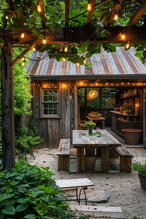 Backyard Tiny House Ideas, Tiny Shed Interior, Cozy Stone House, Backyard Cabin Ideas, Outdoor Cabin Ideas, Outdoor Shelter Ideas Backyards, Outdoor Bar Shed Ideas, Tiny Homestead Ideas, Backyard Home Office