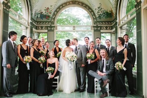 black-tie elegance without the tuxes Grey Suits, Black Bridesmaid, Bridal Party Attire, Black Bridesmaids, Bridesmaid Inspiration, Black Bridal, Connecticut Wedding, Black Bridesmaid Dresses, Bridal Party Dresses