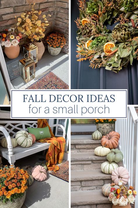 Want to add fall porch decor to your tiny entry? These small porch ideas will provide a warm welcome to your Thanksgiving guests. Small Fall Porch, Modern French Farmhouse Decor, Fall Porch Ideas, Small Porch Ideas, Porch Fall Decor, French Farmhouse Kitchen, Thanksgiving Entertaining, Small Porch, Brick Columns