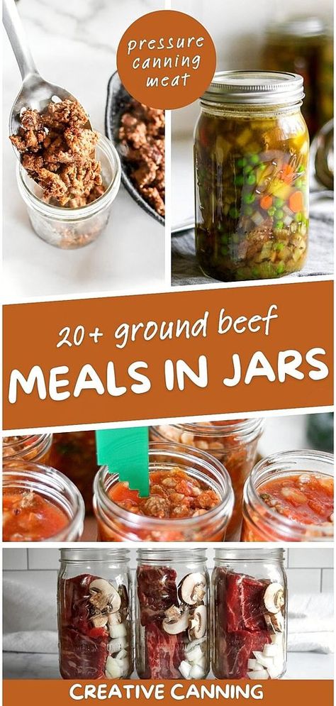 20+ Ground Beef Meals in Jars offers a variety of pressure canning meat recipes, perfect for transforming ground beef into shelf-stable, delightful meals like sloppy joes and taco soup. These recipes are a must-try for practical and delicious food storage solutions. Find more pressure canning soup recipes, tips for beginners, and canning food preservation ideas at creativecanning.com. Canning Ground Turkey, Canning Meats In A Jar, Canned Stew Meat Recipes, Home Canned Meals, Shelf Stable Meals In A Jar, Preserving Food Ideas, Pressure Canning Recipes Meals Dinners, Canning Meatballs Pressure, Home Canned Meals In A Jar