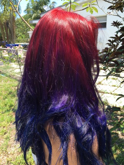 Red Into Purple Hair, Red Purple Blue Ombre Hair, Cherry Red And Purple Hair, Red And Purple Color Melt Hair, Red Blue Ombre Hair, Red And Blue Ombre Hair, Hair Color Gradient, Red Hair Purple Underneath, Red To Blue Hair