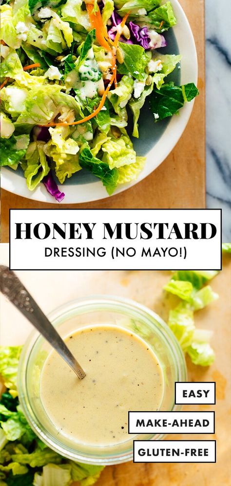 This LIGHT but CREAMY honey-mustard salad dressing is made with Greek yogurt instead of mayonnaise. It’s my favorite! #healthyrecipe #saladdressing #honeymustard #cookieandkate Paleo Honey Mustard Dressing, Tighten Tummy, Paleo Honey Mustard, Sunshine Salad, Honey Mustard Salad Dressing, Mustard Salad Dressing, Leptin Resistance, Honey Mustard Vinaigrette, Healthy Honey