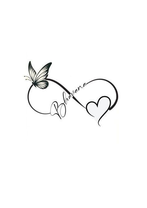 Names In Tattoos Design, Heart And Name Tattoo Ideas, Butterfly Tattoo Designs With Name, Heart With Name Tattoo Design, Butterfly And Infinity Tattoo, Butterfly With Names Tattoo, Butterfly Tattoo With Name In Wings, Infinity With Name Tattoo, Name With Design Tattoo