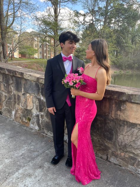 Hot Pink Hoco Couple Outfits, Matching Hoco Dress And Suit, Pink And Black Hoco Couple, Pink Hoco Couple Outfits, Hot Pink Homecoming Couple, Pink Prom Outfits For Couples, Pink Homecoming Couple, Prom Dress And Suit Matching, Pink Prom Couple Outfit