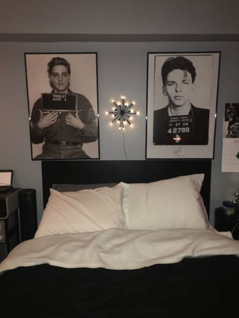 So happy with the way my wall looks! •Frank Sinatra and Elvis Presley mugshot posters (24x36in) •Posters purchased on Amazon •Frames purchased at Walmart Elvis Presley Bedroom Ideas, Elvis Home Decor, Elvis Themed Room, Elvis Room Ideas, Elvis Presley Room Ideas, Elvis Presley Room Decor, Elvis Room Decor, Elvis Bedroom, Elvis Decor