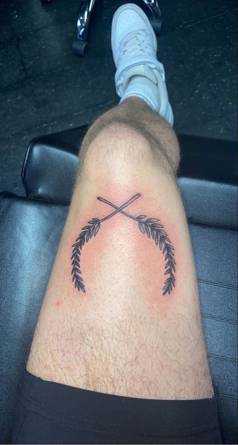 Greek Branch Tattoo, Men’s Olive Branch Tattoo, Thigh Tattoos For Men Design, Men Olive Branch Tattoo, Olive Branch Tattoo Mens Knee, $200 Tattoo Ideas For Men, Olive Branch Elbow Tattoo, Mens Olive Branch Tattoo, Mens Tattoos Thigh