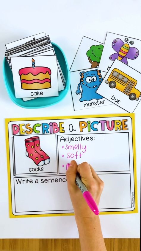 ADJECTIVE MATS 🍎 This mat is the perfect way to get your students to begin using adjectives in their writing! To use it, students… | Instagram Adjective Crafts For First Grade, Adjectives Project Ideas, Describing Words Activity, Adjective Games Activities, Adjectives Games, Adjective Activities, Adjective Games, Asd Activities, Adjectives Worksheet