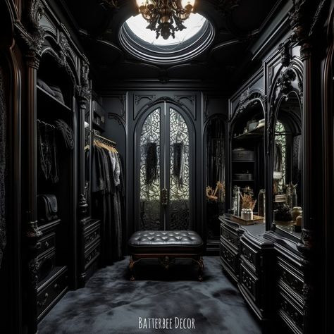 Batterbee Decor - Gothic Décor (@batterbeedecor) • Instagram photos and videos Victorian Goth House Decor, Gothic Architecture Bedroom, Walk In Closet Dark Aesthetic, Fantasy Walk In Closet, Gothic Closet Room, Dark Academia Walk In Closet, Dark Academia Closet Room, Gothic House Interior Bedrooms, Gothic Teen Bedroom