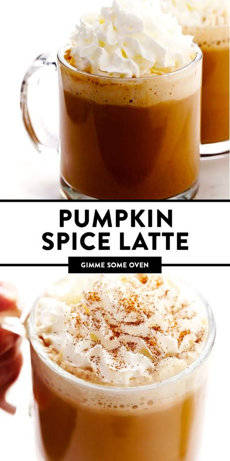 This homemade pumpkin spice latte recipe is inspired by the Starbucks version, yet lightened up a bit and naturally sweetened with maple syrup. Feel free to use your favorite kind of milk and make your drink with either espresso or very strongly brewed coffee. | gimmesomeoven.com Pumpkin Latte Recipe, Pumpkin Spice Syrup Recipe, Faux Coffee, Iced Pumpkin Spice Latte, Pumpkin Spice Latte Recipe, Breakfast Drinks, Coffee Syrups, Pumpkin Pie Spice Recipe, Pie Spice Recipe