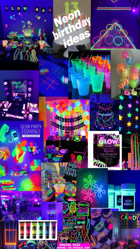 Glow Birthday Party Ideas, Neon Sweet 16, Neon Pool Parties, 14th Birthday Party Ideas, Birthday Sleepover Ideas, Slumber Party Birthday, Glow In Dark Party, Neon Birthday Party, Sweet Sixteen Birthday Party Ideas