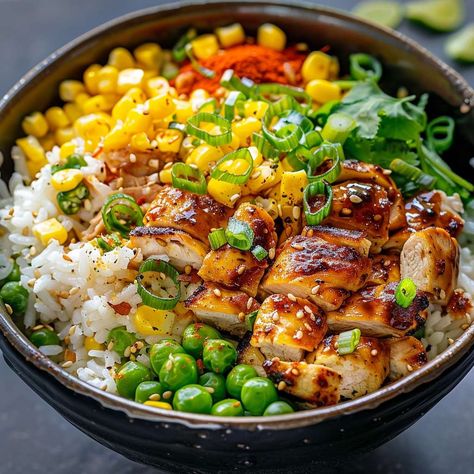 Discover the delicious Street Corn Chicken Rice Bowl recipe. Perfect for any meal with easy prep, flavorful ingredients, and quick cook time. Mexican Street Corn Chicken And Rice Bowl, Healthy Dinner Bowl Ideas, Low Calorie Power Bowl Recipes, Lunch Rice Recipes, Kentucky Fried Chicken Bowl Recipe, Low Carb Rice Bowls, Chicken Thigh Burrito Bowl, Japanese Bowls Recipe, Mexican Chicken Rice Bowl