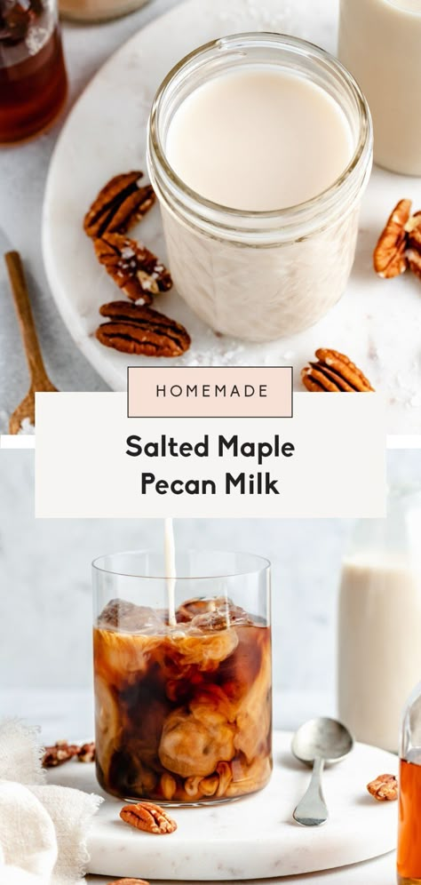 Incredible homemade pecan milk with rich, delicious flavors from a bit of pure maple syrup and salt! You'll LOVE this easy and delicious pecan milk recipe for coffee, smoothies and simply enjoying on its own. #pecans #pecanmilk #vegan #dairyfree Pecan Milk Recipe, Flavored Milk Recipes, Vegan Pecan Pie Bars, Almond Milk Creamer, Vegan Coffee Creamer, Nut Milk Recipe, Pecan Milk, Flavored Nuts, Homemade Nut Milk