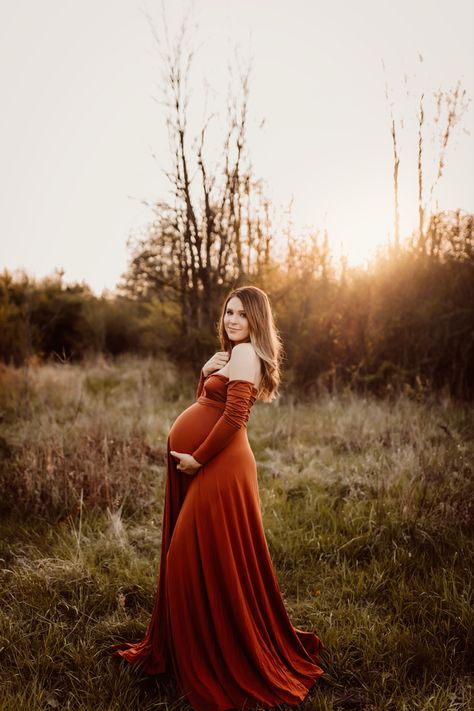 Orange Dress Maternity Shoot, Autumn Maternity Photoshoot, Fall Pregnancy Photoshoot, Fall Maternity Photoshoot, Etsy Dress, Fall Maternity Shoot, Pregnancy Poses, Maternity Gown Photography, Bump Shoot