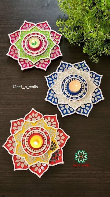 Lippan Art Diwali Diya, Indian Decorations Diy, Mdf Candle Holders, Tealight Candle Holders Lippan Art, Lippan Art Flower Design, Diwali Tea Light Holders, Lippan Art Tea Light Holder, Diya Stand For Diwali, Mdf Lamp