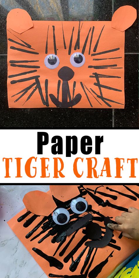 Adorable and Easy Paper Tiger Craft - HAPPY TODDLER PLAYTIME Tiger Craft, Zoo Animals Preschool, Jungle Animal Crafts, Rainforest Crafts, Preschool Jungle, Safari Crafts, Zoo Preschool, Animal Crafts Preschool, Jungle Crafts